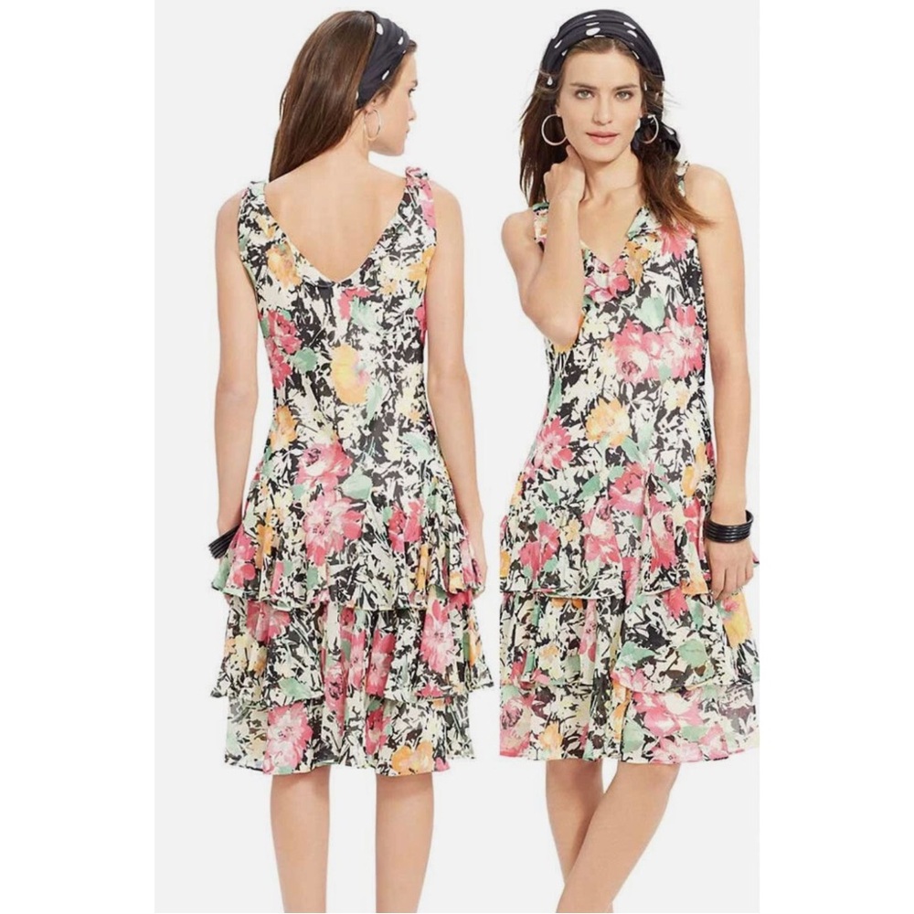NWT Ralph Lauren Tiered Ruffle Floral Sleeveless Tea Length Dress Pink Size 2
